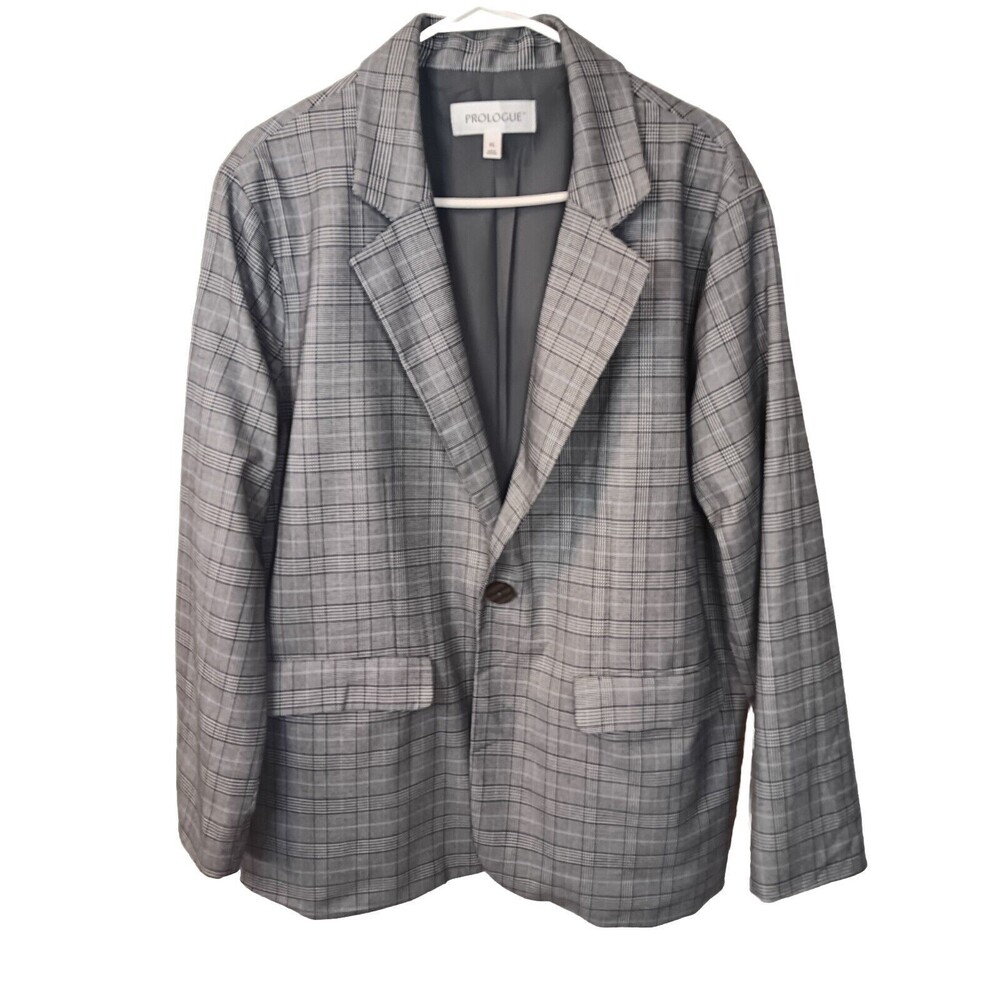 Prologue Womens Gray/Blue Plaid Button Front Blazer, XL